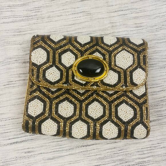 From St. Xavier Black White Gold Beaded Clutch Removable Chain Deco MCM NWOT‎ - Picture 1 of 9